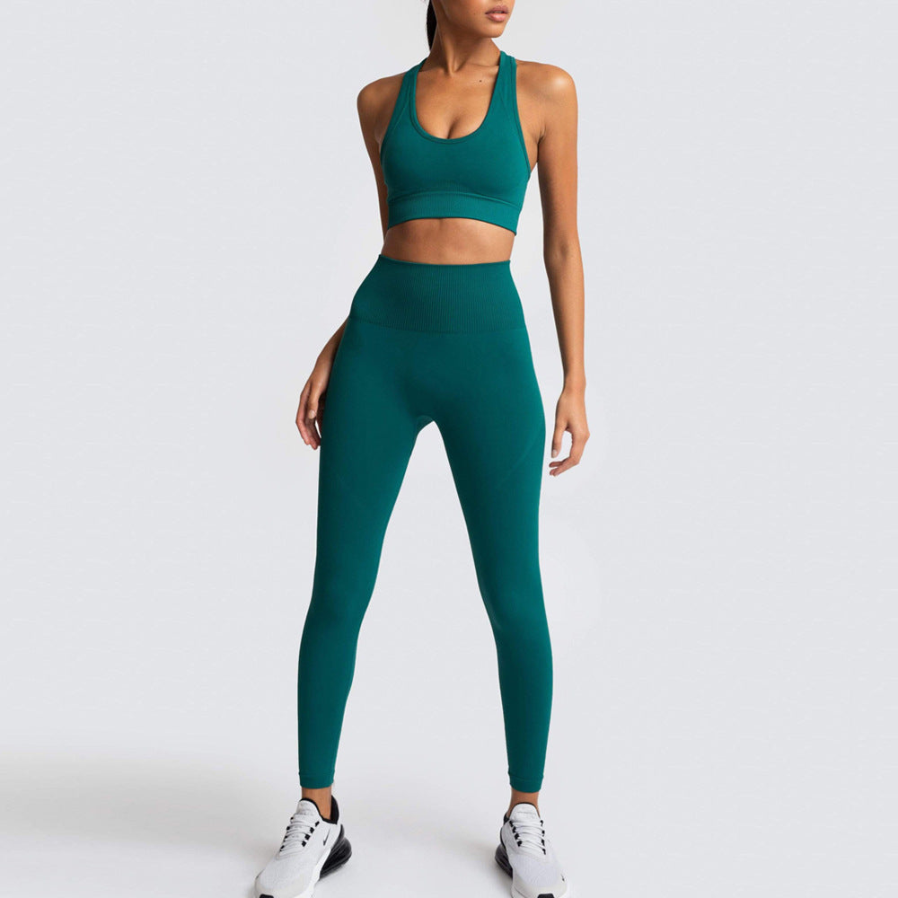 European and American seamless knitted slim fit hip raise moisture wicking sports workout clothes beauty back fitness bra yoga clothes suit