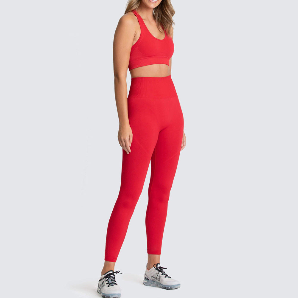European and American seamless knitted slim fit hip raise moisture wicking sports workout clothes beauty back fitness bra yoga clothes suit