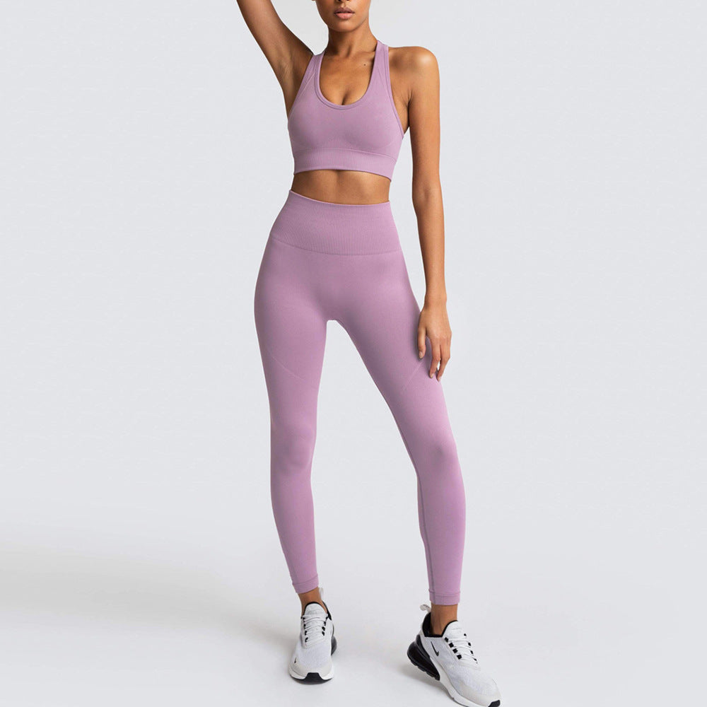 European and American seamless knitted slim fit hip raise moisture wicking sports workout clothes beauty back fitness bra yoga clothes suit
