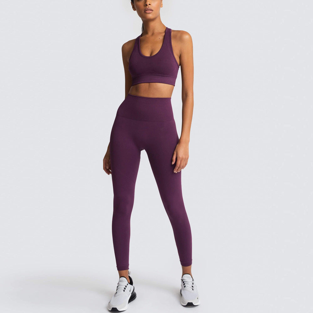 European and American seamless knitted slim fit hip raise moisture wicking sports workout clothes beauty back fitness bra yoga clothes suit