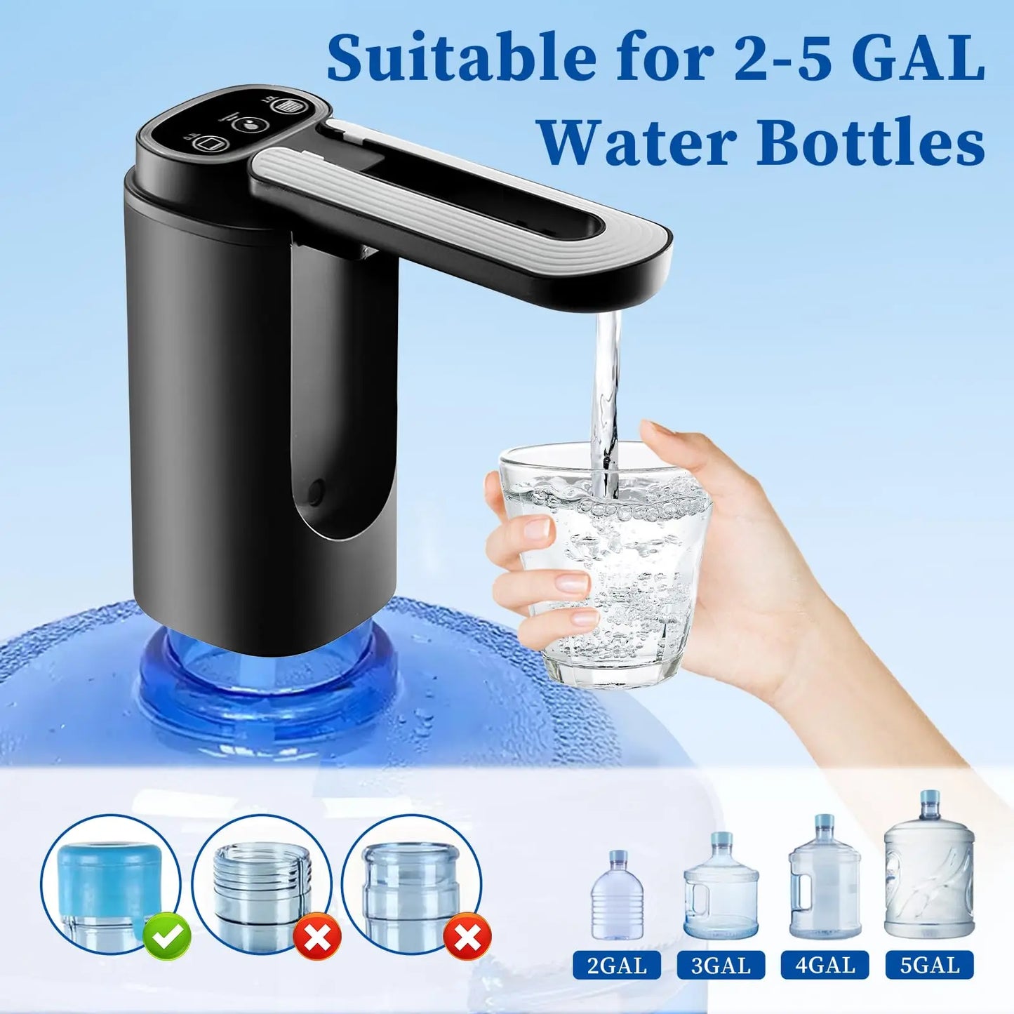 Automatic Electric Water Dispenser Pump for 5 Gallon Bottles - Portable Type-C Charging (Black)