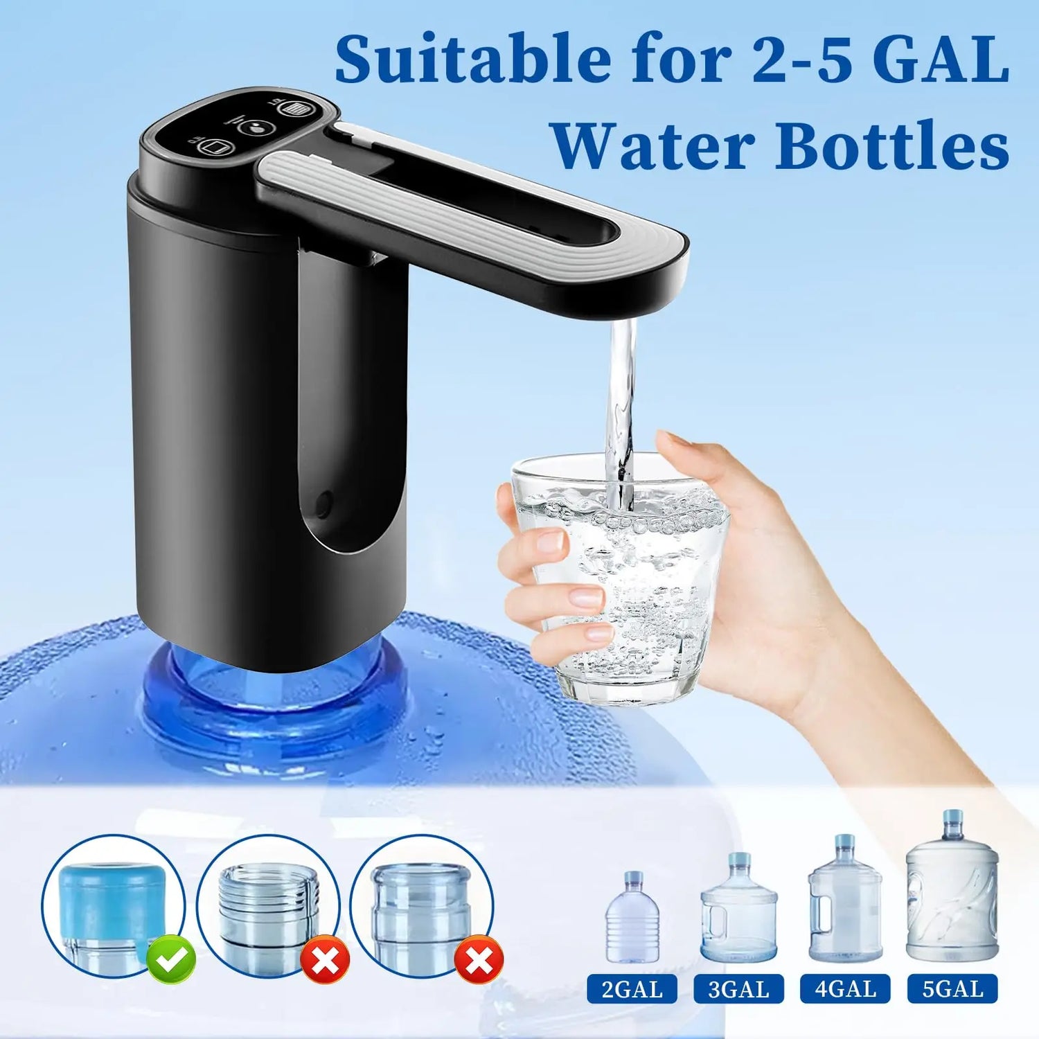 Automatic Electric Water Dispenser Pump for 5 Gallon Bottles - Portable Type-C Charging (Black)