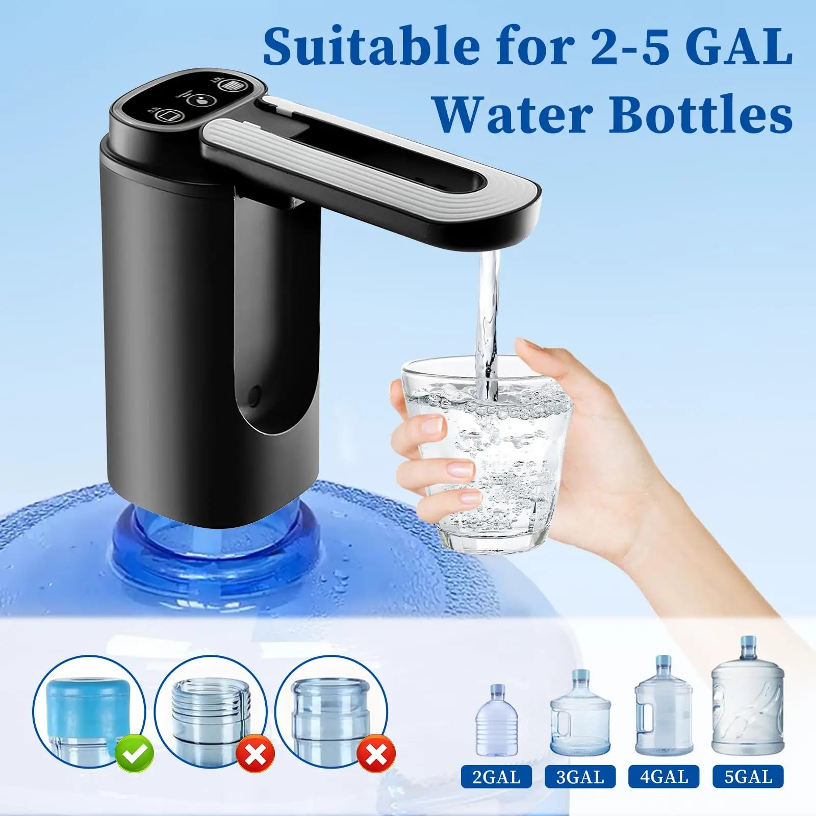 Automatic Electric Water Dispenser Pump for 5 Gallon Bottles - Portable Type-C Charging (Black)