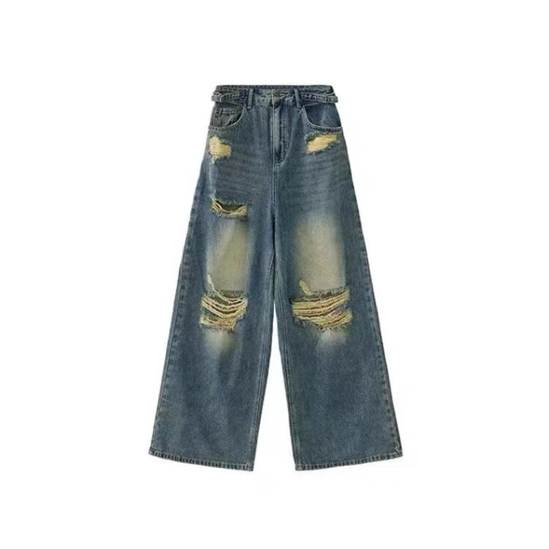 American high street black ripped jeans Women's Spring and Autumn New ins fashion brand straight loose mop wide-leg trousers