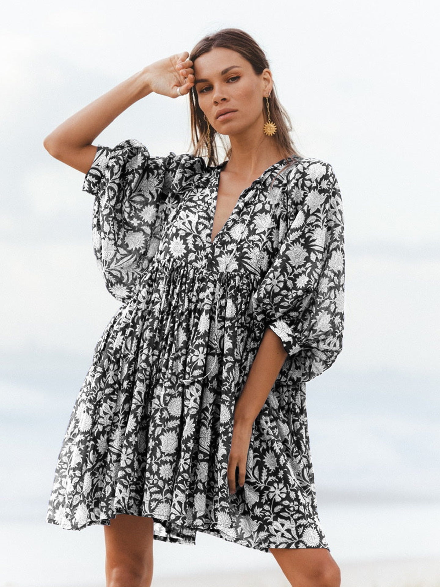 Vacation Style Floral Print Dress Women High Waist Lace-Up Casual Beach Skirt