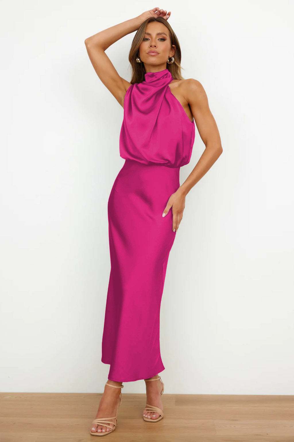 Celebrity Style Halter Satin Evening Dress Women Wedding Bridesmaid Mid-Length Dress 2024