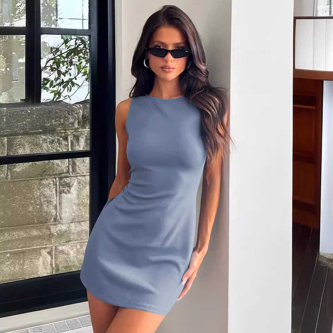Solid Color Sleeveless Waist-Tight Dress Women Sexy Slimming Hip-Wrapped Fashion Short Skirt