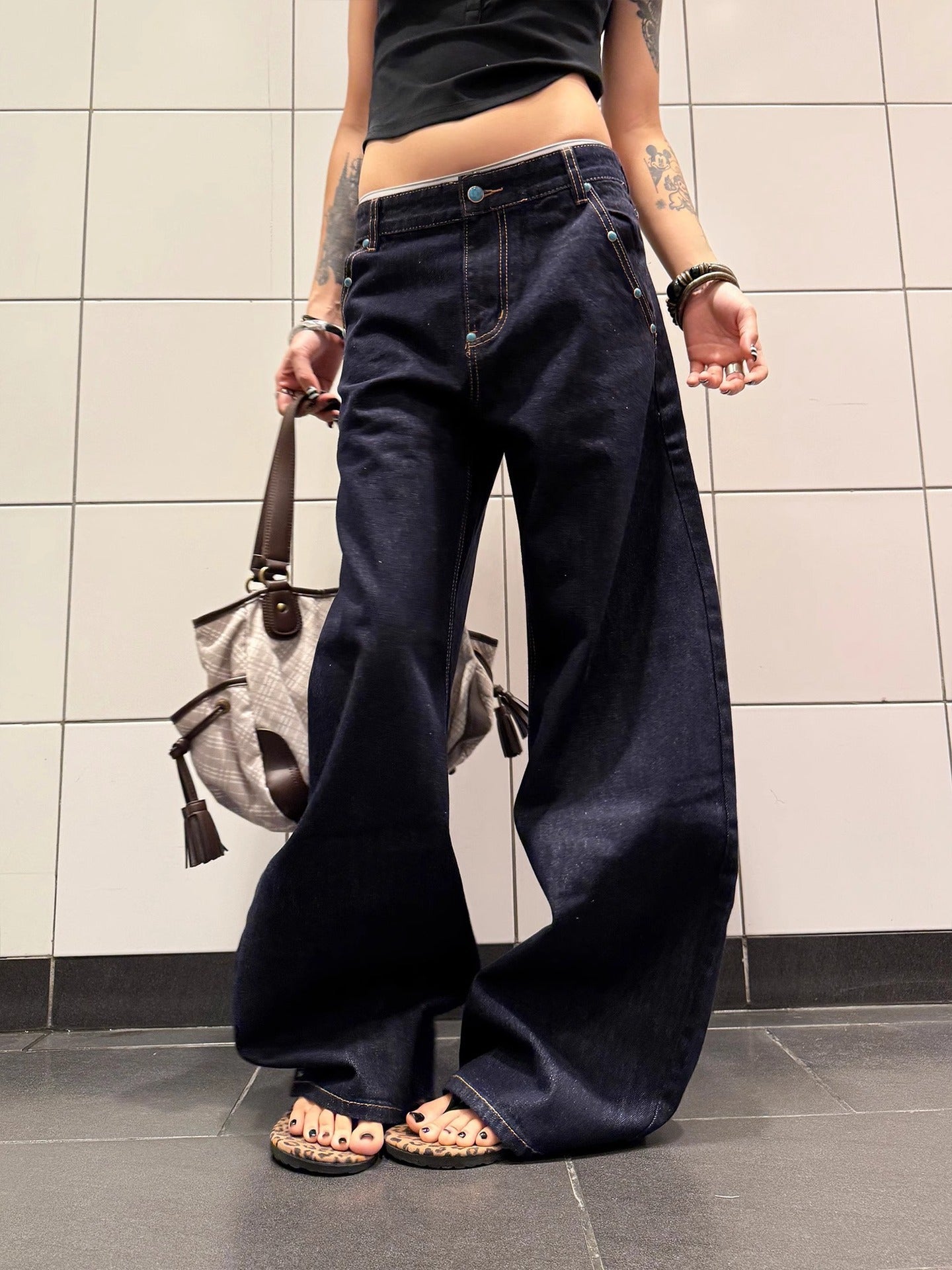 Summer new American Retro denim primary color turquoise machete jeans for women A- line straight wide-leg pants