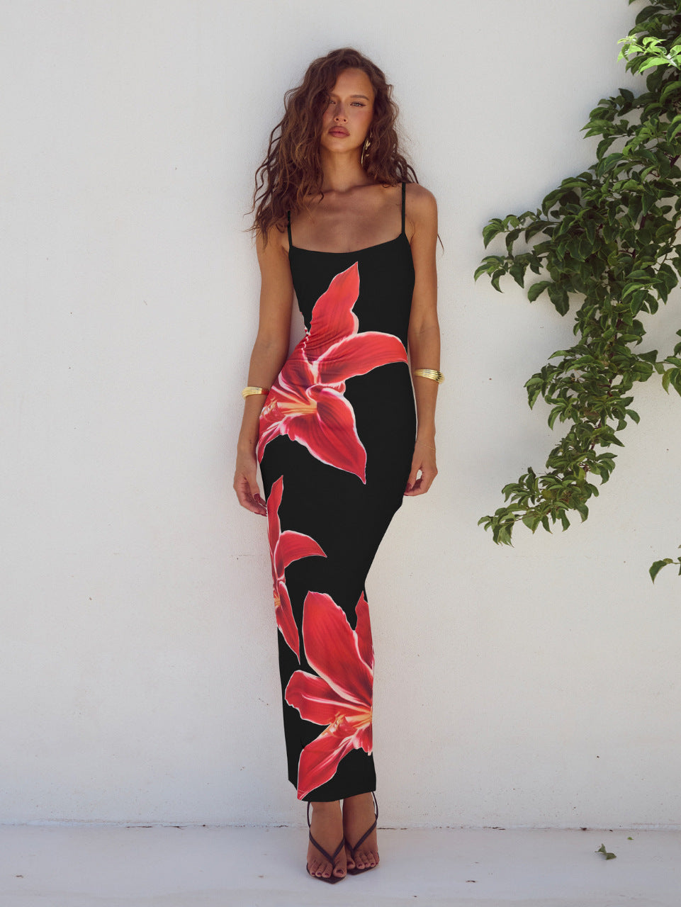 Summer Sexy Suspender Skirt Digital Print Slim High Waist Sheath Beach Travel Dress