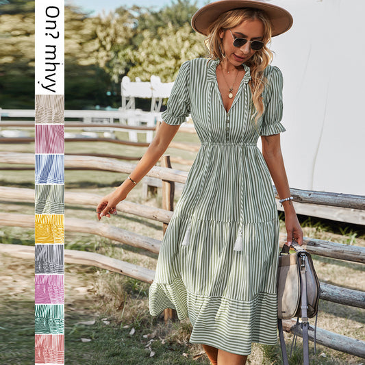 Striped Temperament Dress Women Summer Fashion Casual Elegant Design Dress 2025