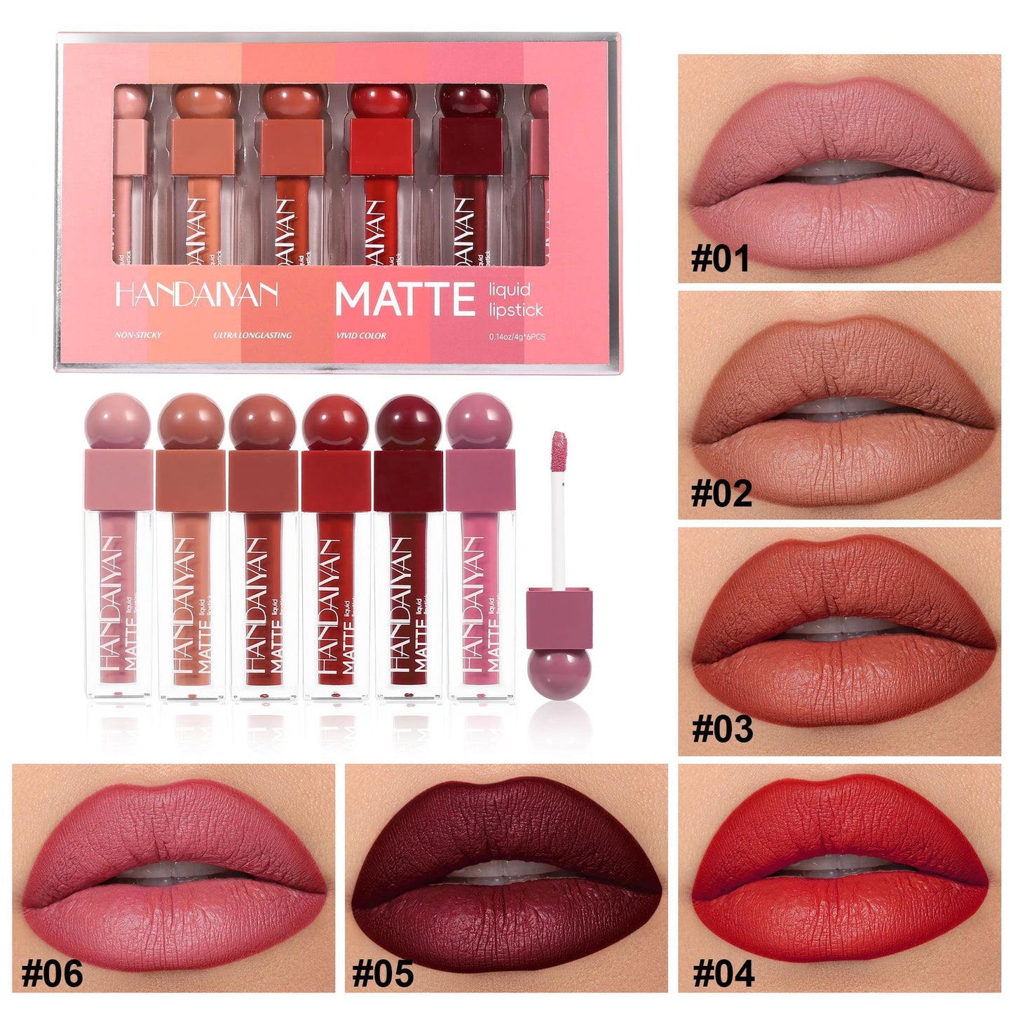 Handaiyan Matte Lip Gloss 6-Piece Set Long Lasting Waterproof No-Transfer Lip Glaze