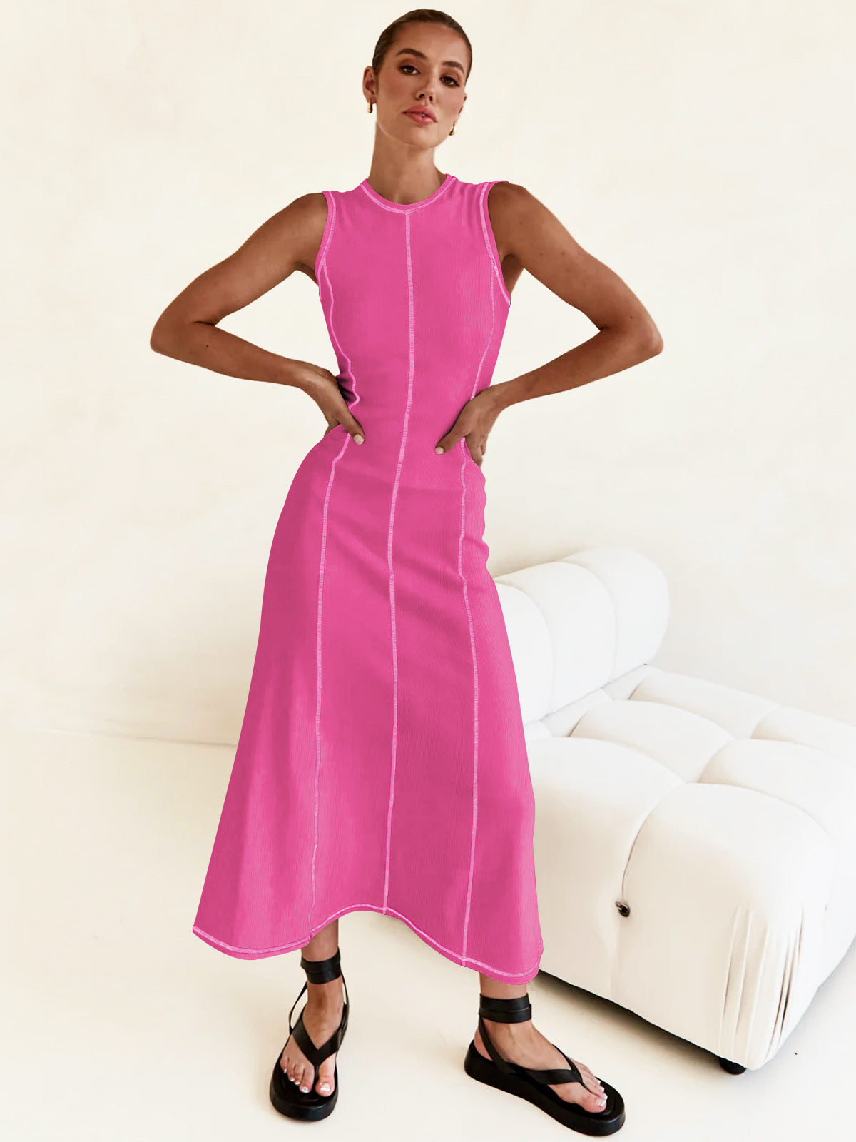 High-Grade Casual Sleeveless Vest Dress Women Contrasting Color Thread Summer Dress