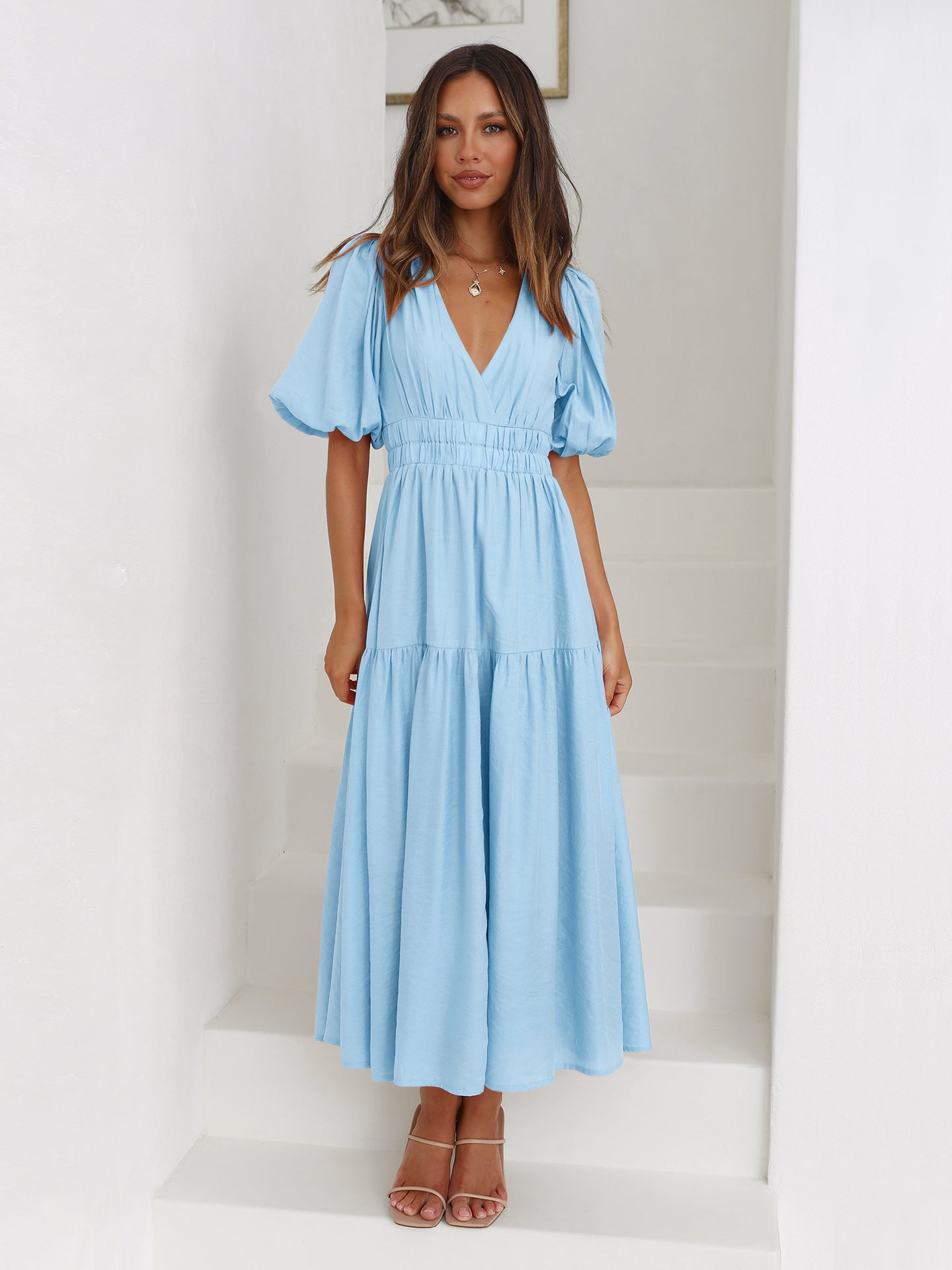 High-Grade Long Dress Ruffled Lantern Sleeves V-Neck Holiday Beach Dress Women