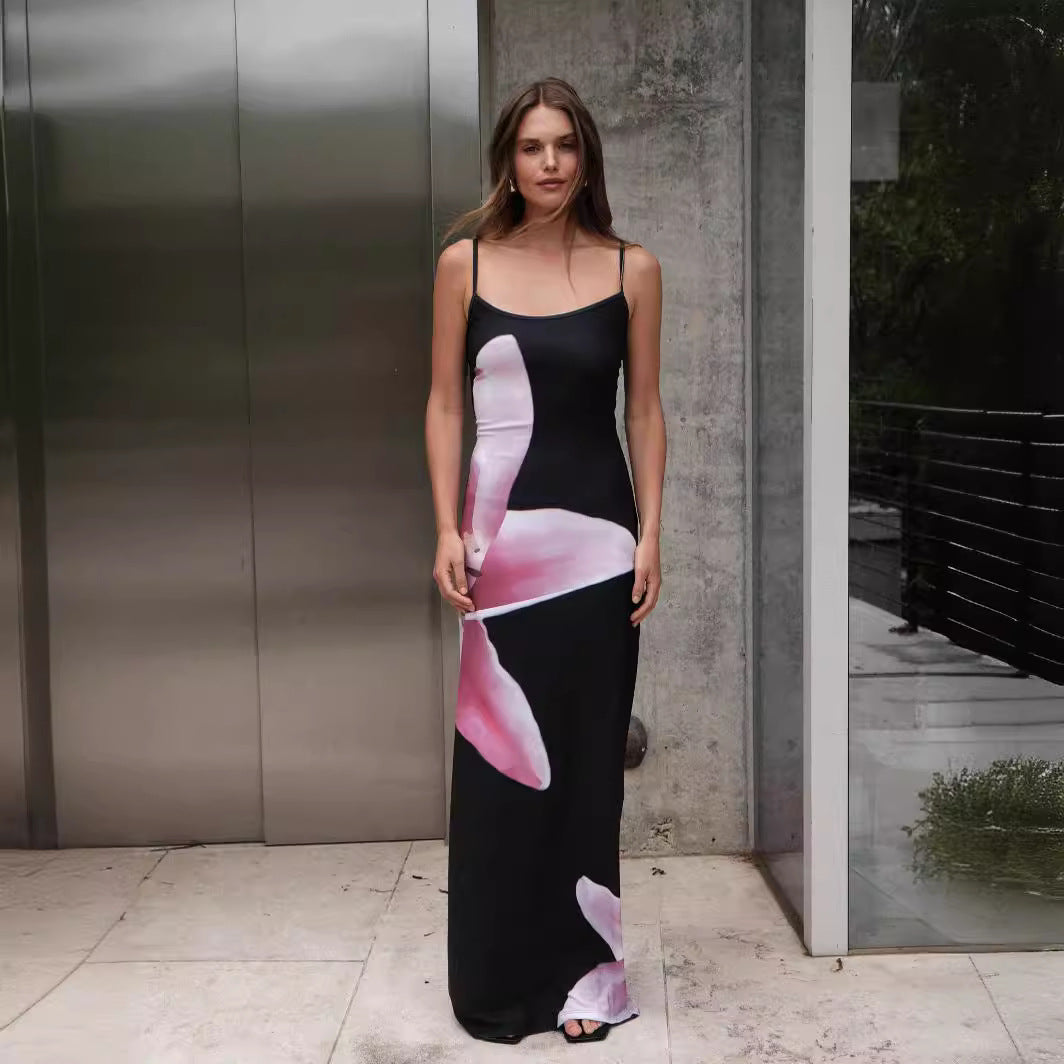 Summer Sexy Suspender Skirt Digital Print Slim High Waist Sheath Beach Travel Dress