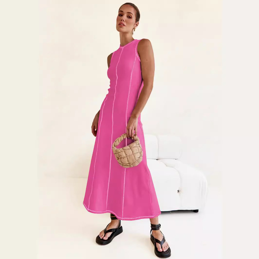 Elegant Contrasting-Color Sleeveless Vest Dress Women Cinched Waist Summer Dress