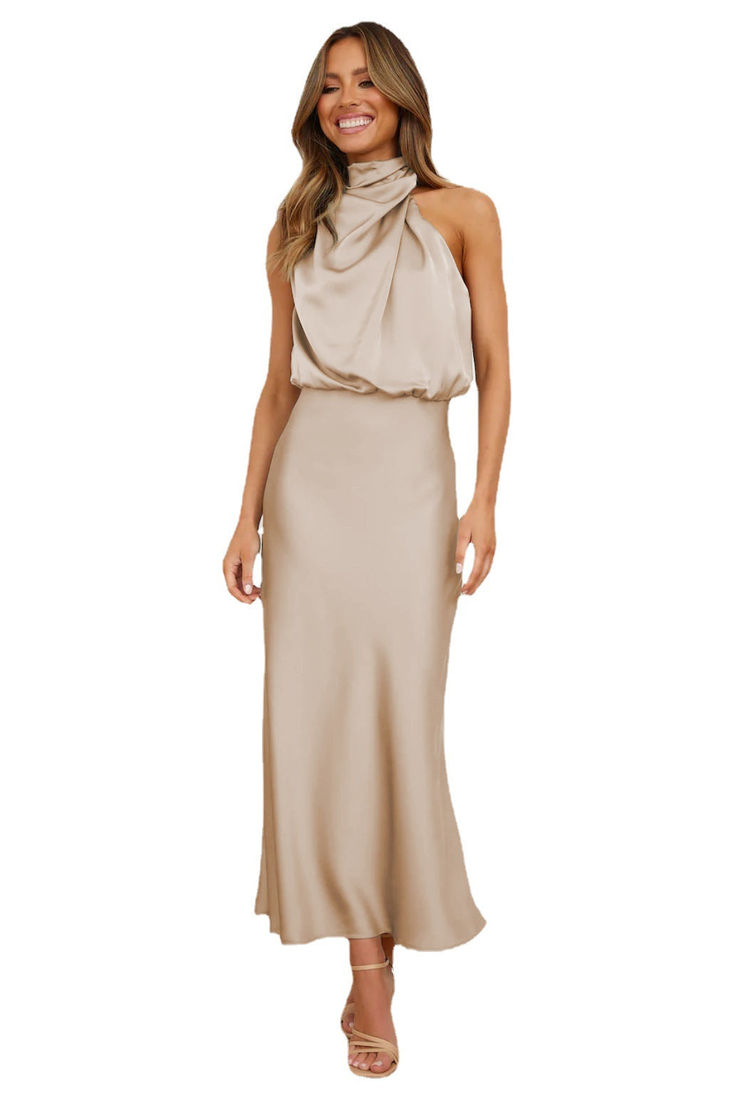 Celebrity Style Halter Satin Evening Dress Women Wedding Bridesmaid Mid-Length Dress 2024