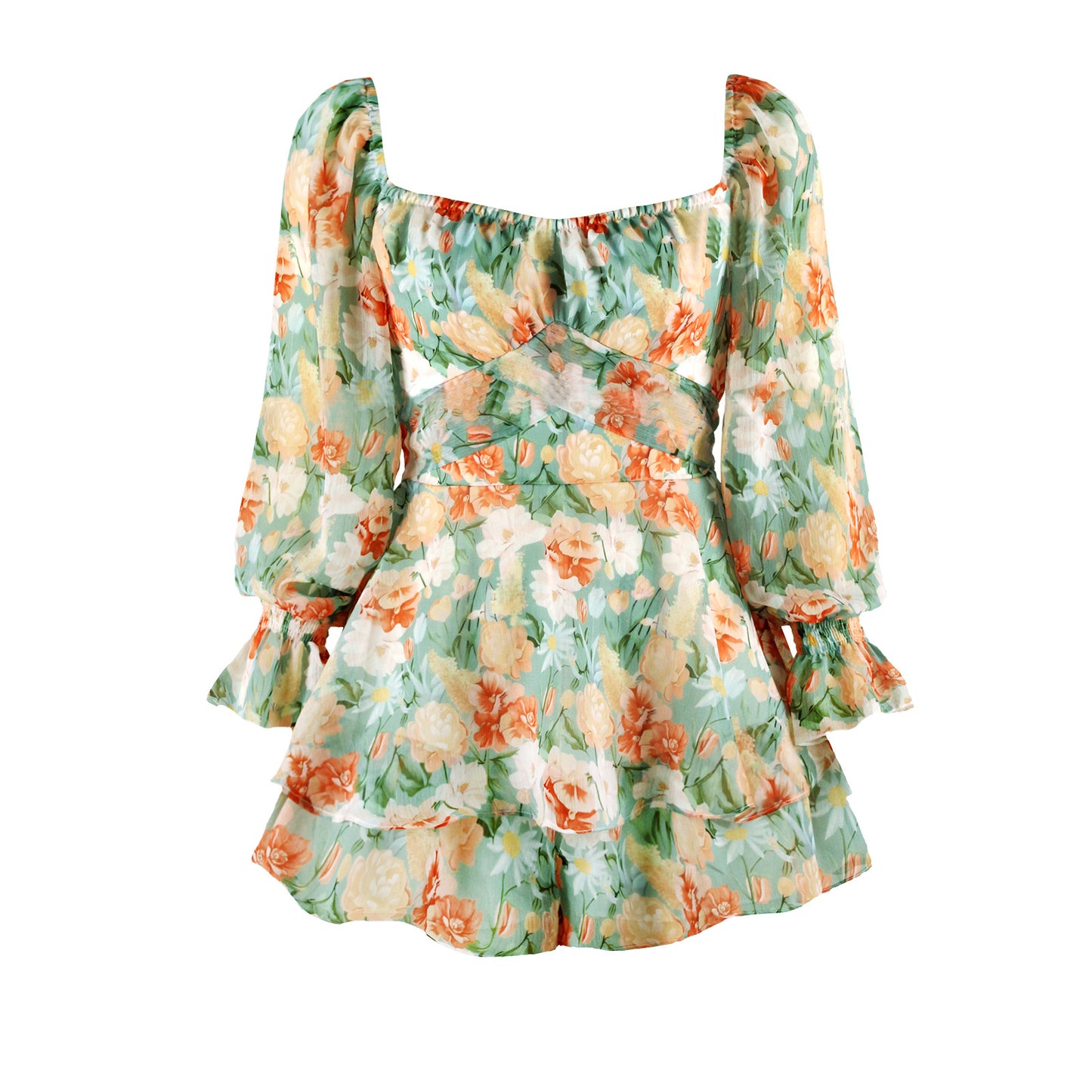 Hot-selling floral-print one-piece split skirt French square collar jumpsuit elegant ruffle pantskirt lace-up casual pants Women's
