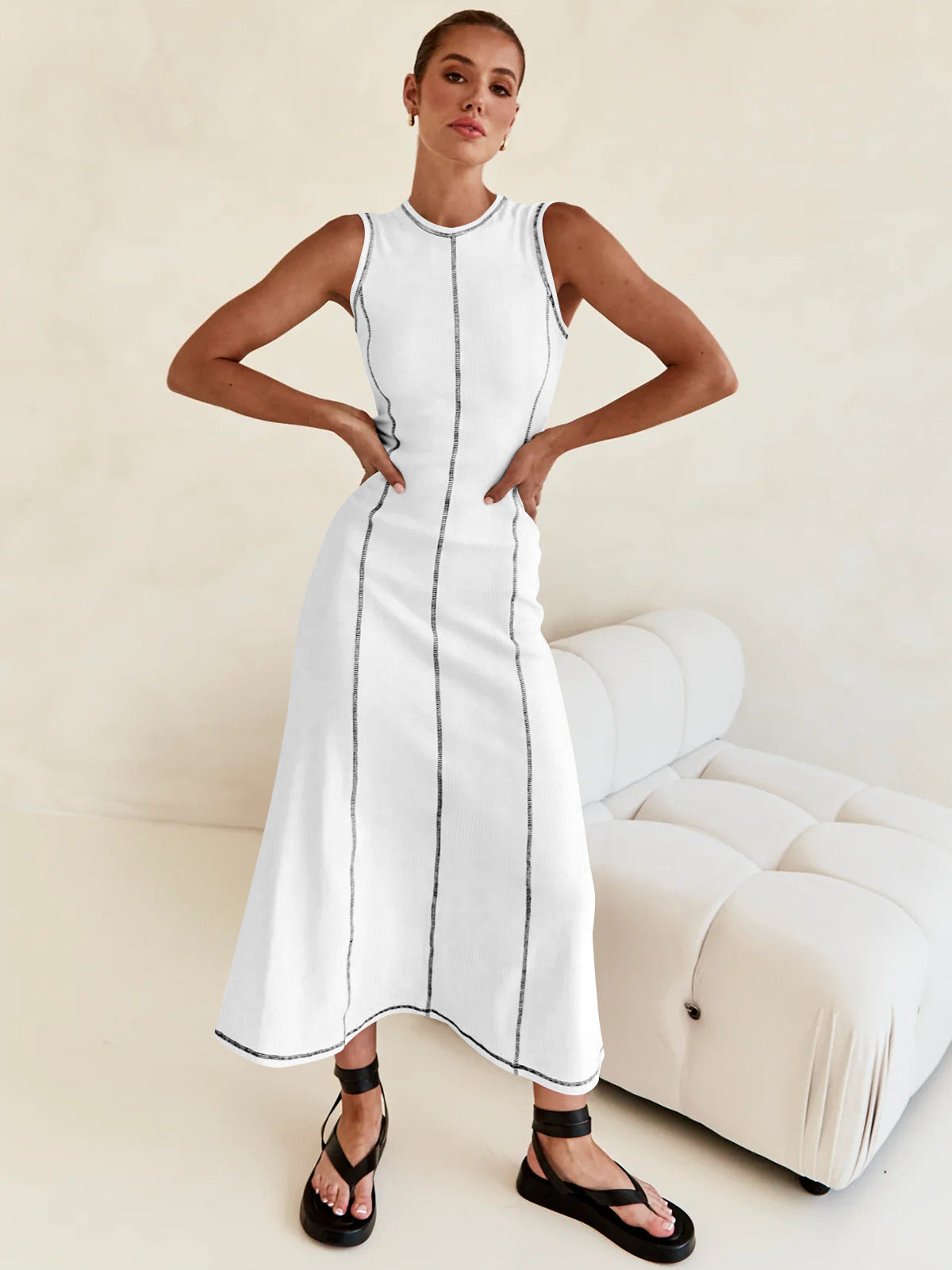 High-Grade Casual Sleeveless Vest Dress Women Contrasting Color Thread Summer Dress