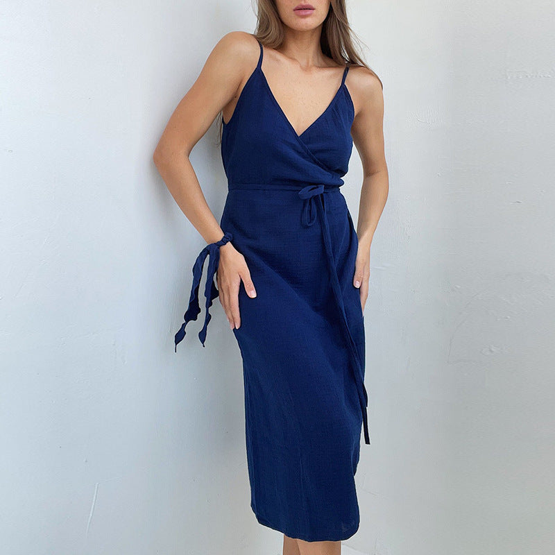 French Front Tie Strap Dress Women's Backless Slit Long Dress |tops,women's clothing