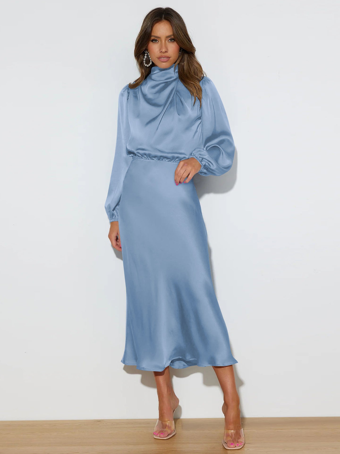 European, American and French style design halter dress summer women's satin draping evening dress elegant solid color bridesmaid dress