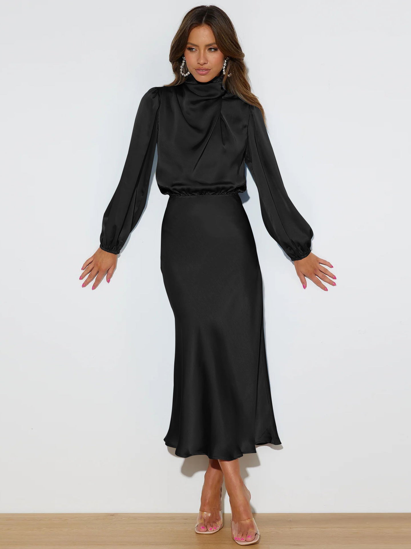 European, American and French style design halter dress summer women's satin draping evening dress elegant solid color bridesmaid dress
