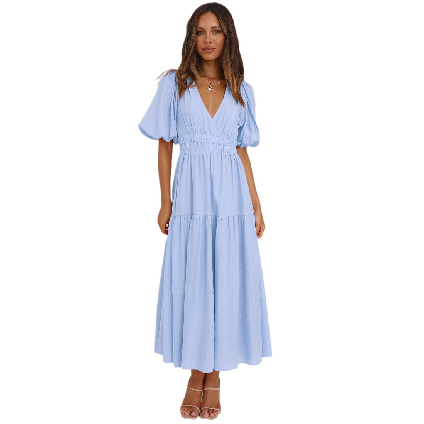 High-Grade Long Dress Ruffled Lantern Sleeves V-Neck Holiday Beach Dress Women