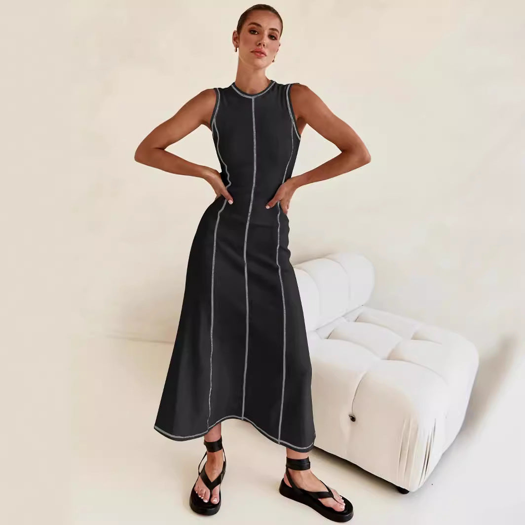 Elegant Contrasting-Color Sleeveless Vest Dress Women Cinched Waist Summer Dress