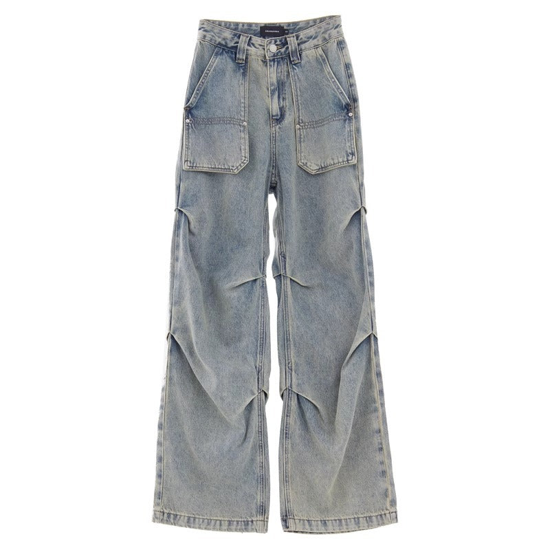 American workwear jeans for women 2024 Spring and Autumn New High waist retro loose design wide leg high street pants