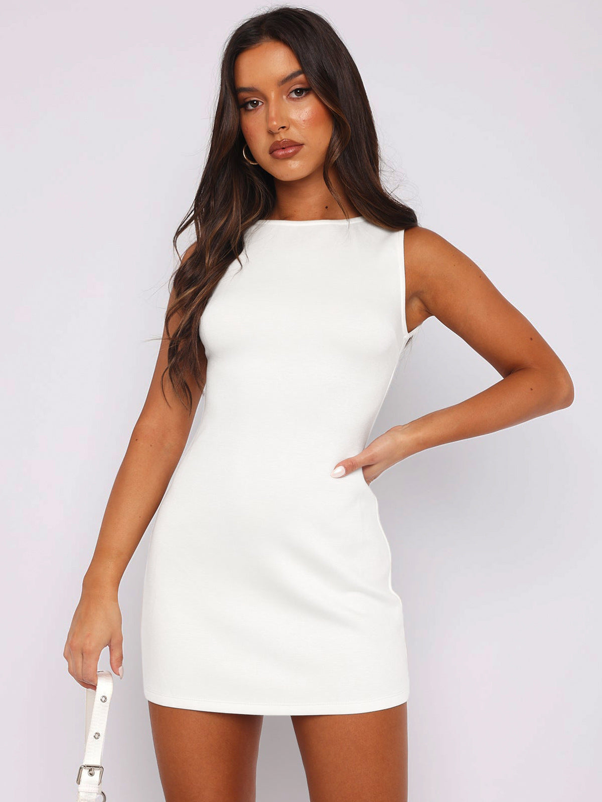 Solid Color Sleeveless Waist-Tight Dress Women Sexy Slimming Hip-Wrapped Fashion Short Skirt