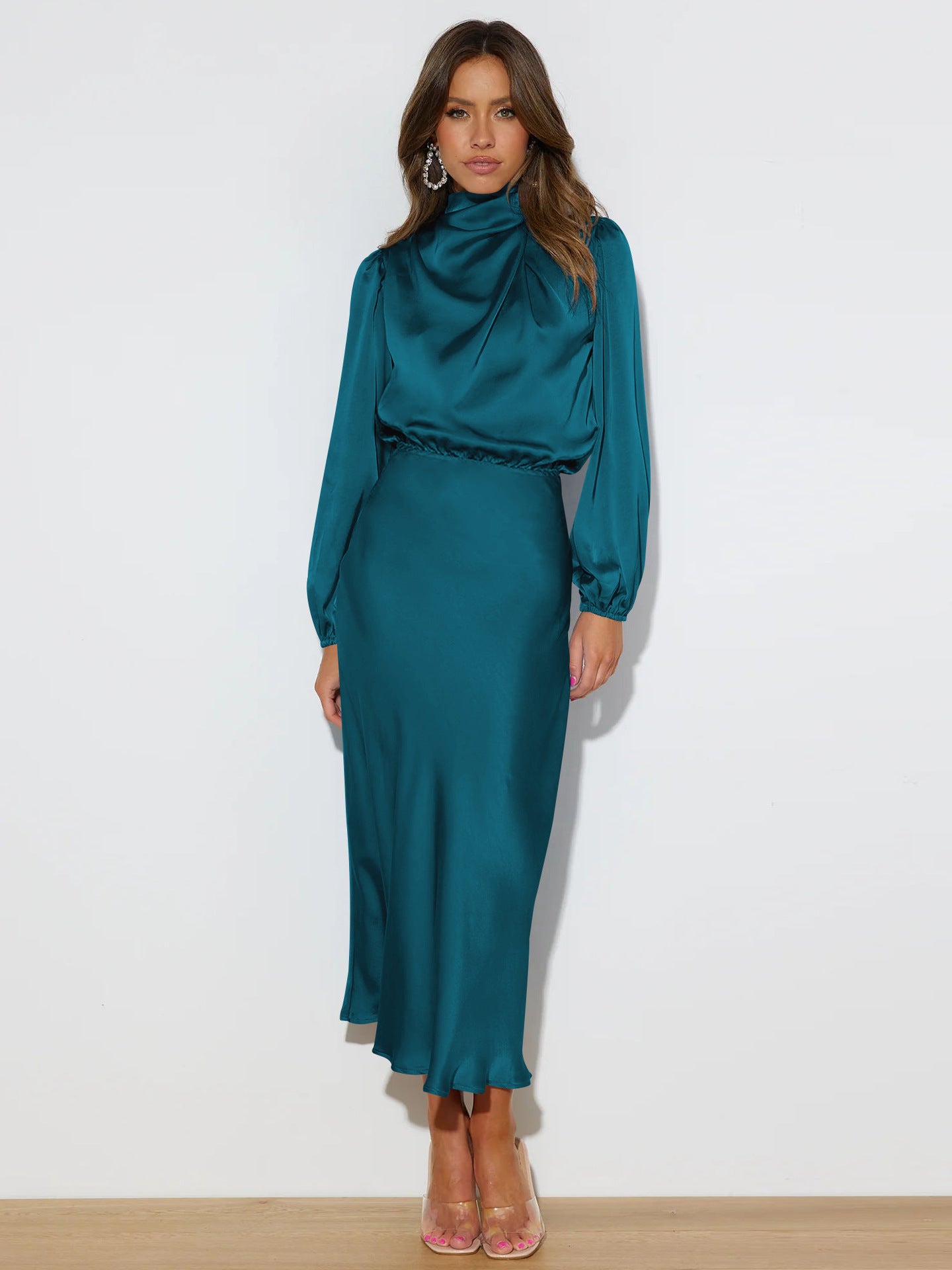 European, American and French style design halter dress summer women's satin draping evening dress elegant solid color bridesmaid dress