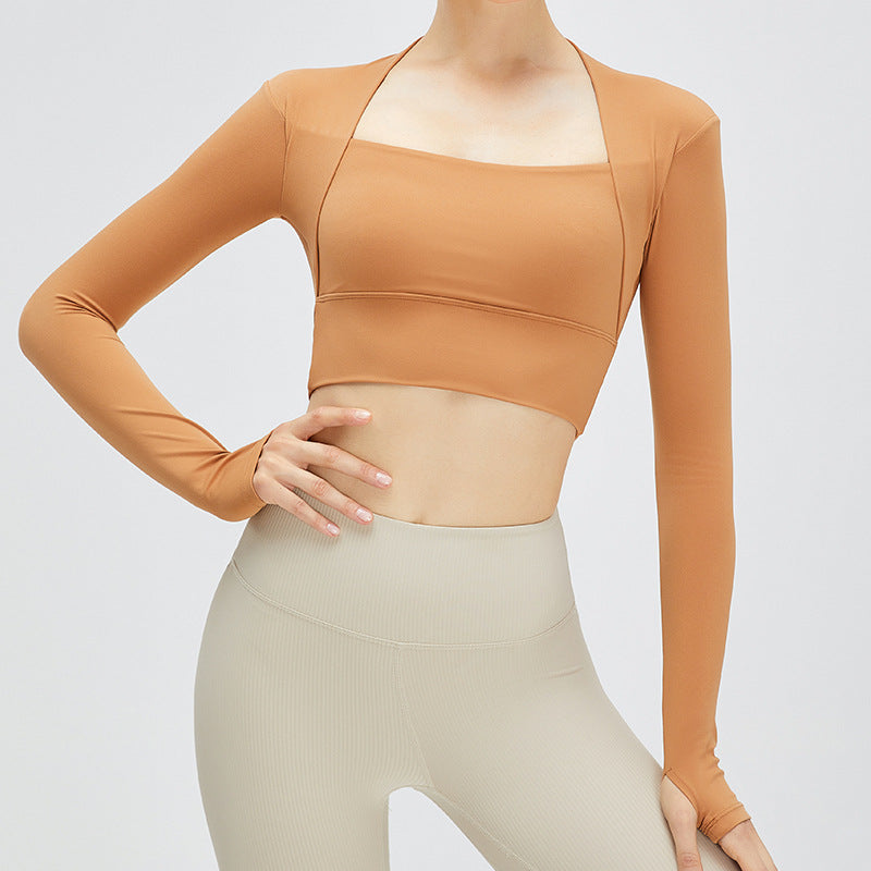 Autumn nude feel shawl fake two-piece yoga clothes long-sleeved women's outdoor sports T-shirt top running shock absorption workout clothes