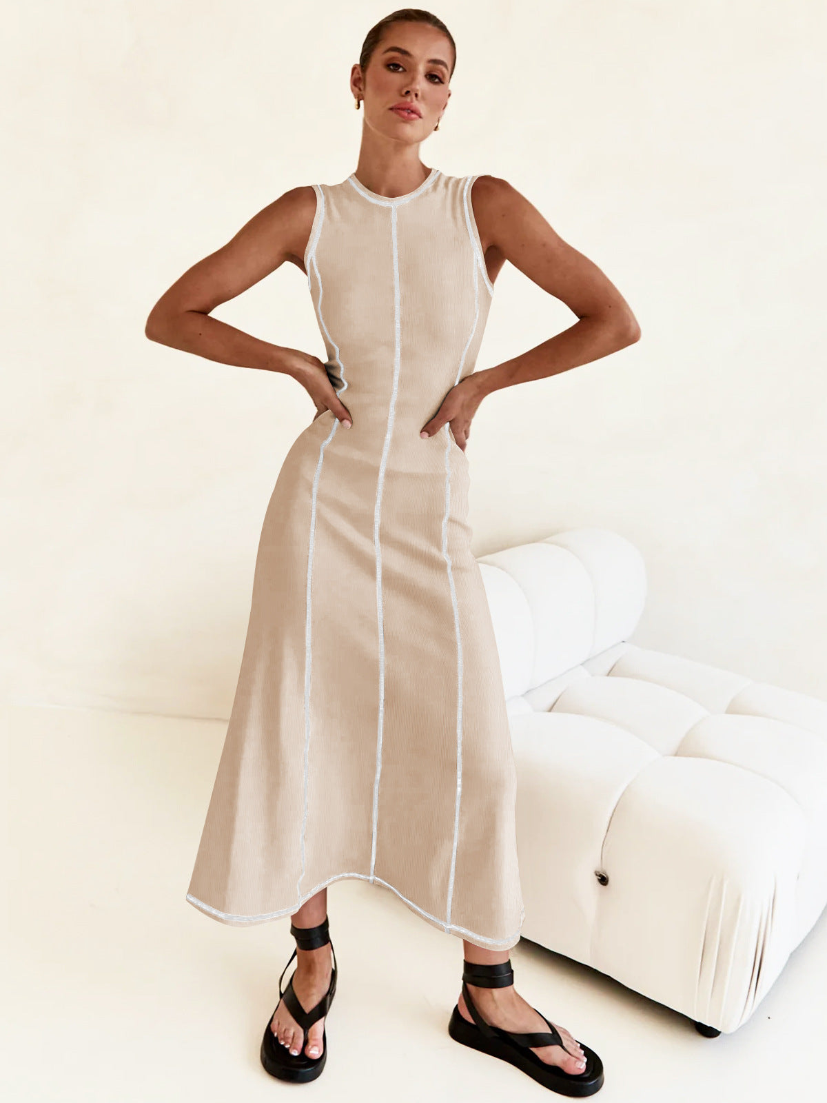 High-Grade Casual Sleeveless Vest Dress Women Contrasting Color Thread Summer Dress