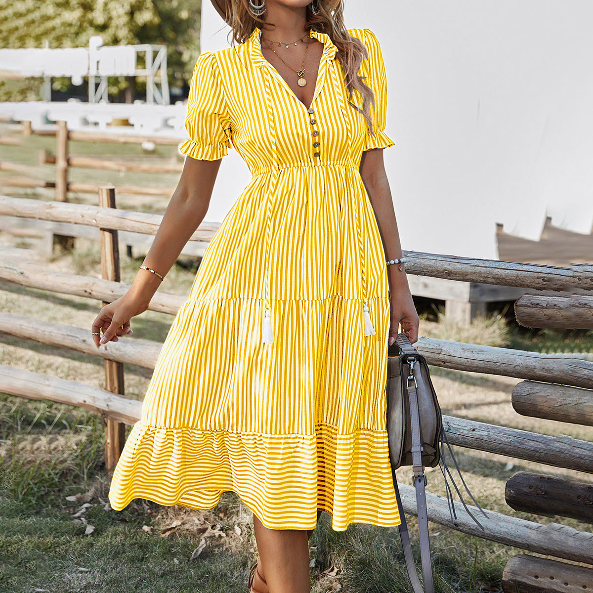 Striped Temperament Dress Women Summer Fashion Casual Elegant Design Dress 2025