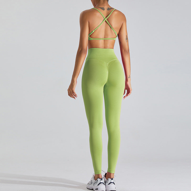 European and American seamless beauty back yoga clothes suit women's outdoor running skinny yoga pants quick-drying sports fitness clothes suit