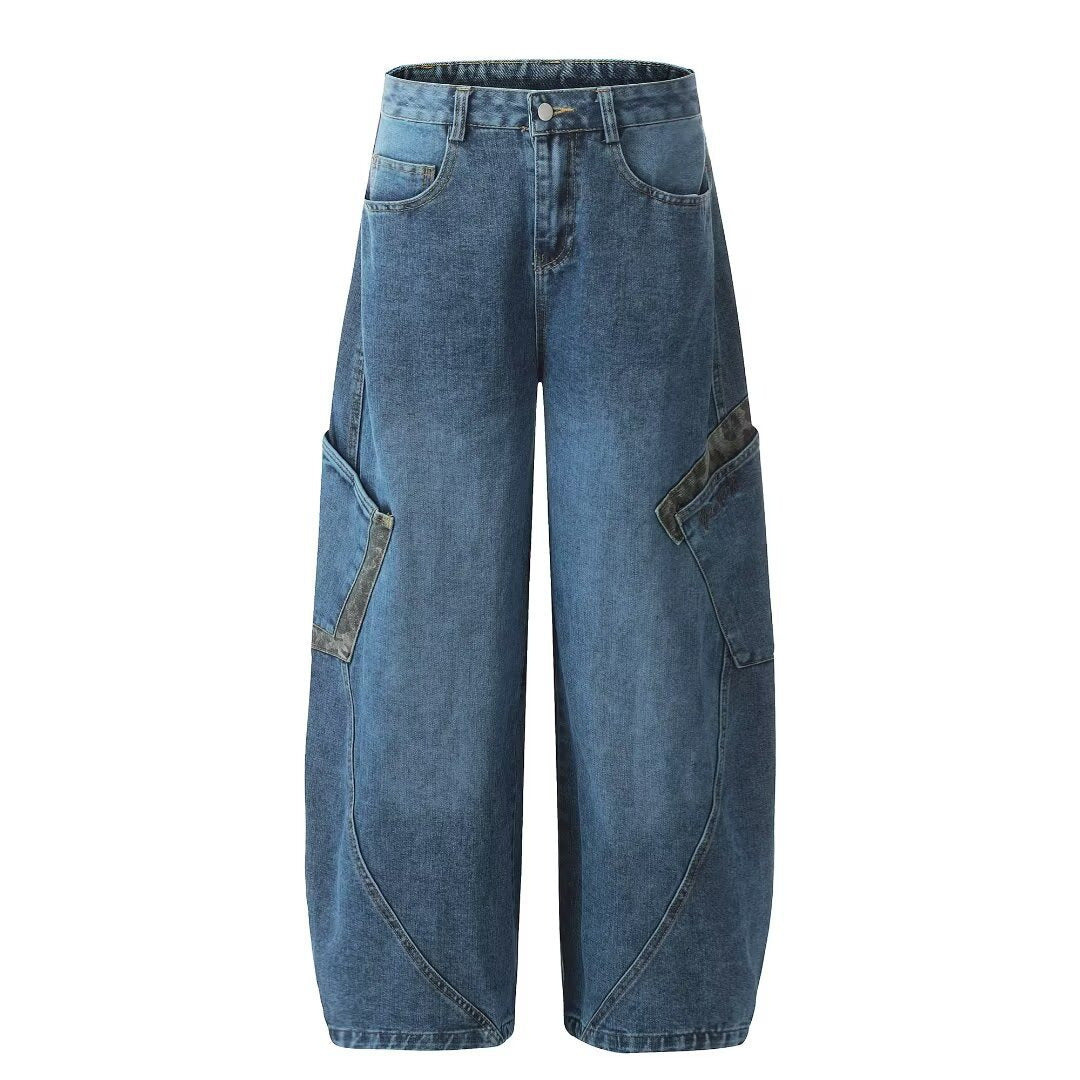 2024 spring and autumn American vintage leopard print stitching large workwear with pocket jeans men and women wide leg banana Matchet pants