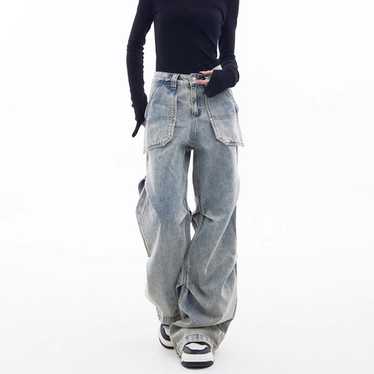 American workwear jeans for women 2024 Spring and Autumn New High waist retro loose design wide leg high street pants