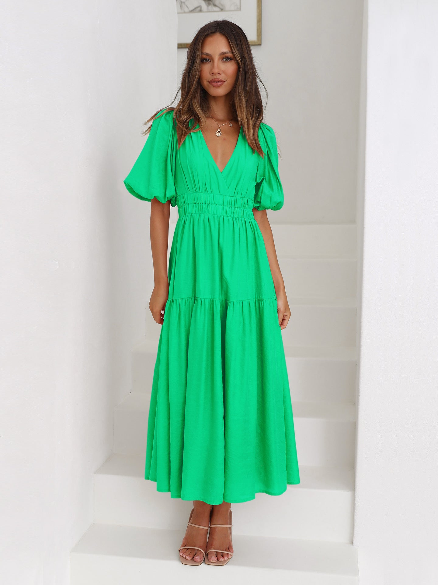 High-Grade Long Dress Ruffled Lantern Sleeves V-Neck Holiday Beach Dress Women