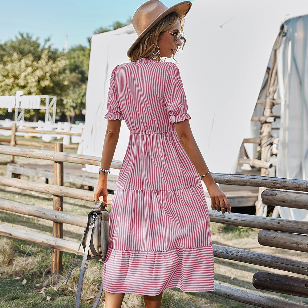 Striped Temperament Dress Women Summer Fashion Casual Elegant Design Dress 2025