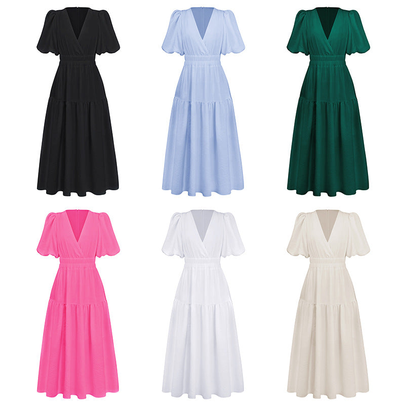 High-Grade Long Dress Ruffled Lantern Sleeves V-Neck Holiday Beach Dress Women