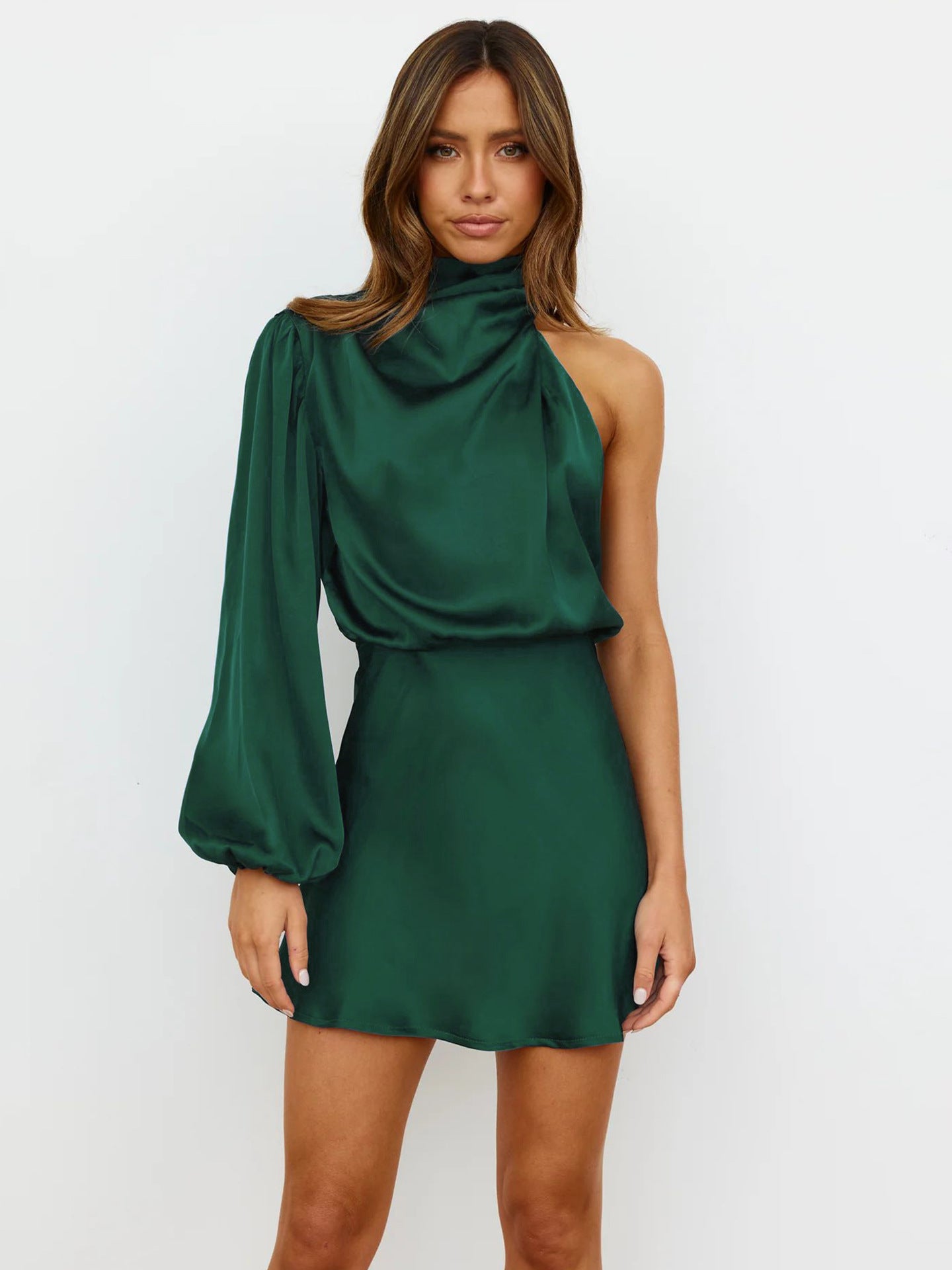 Satin Draping Toast Dress Women One Shoulder Off Shoulder Bridesmaid Evening Dress
