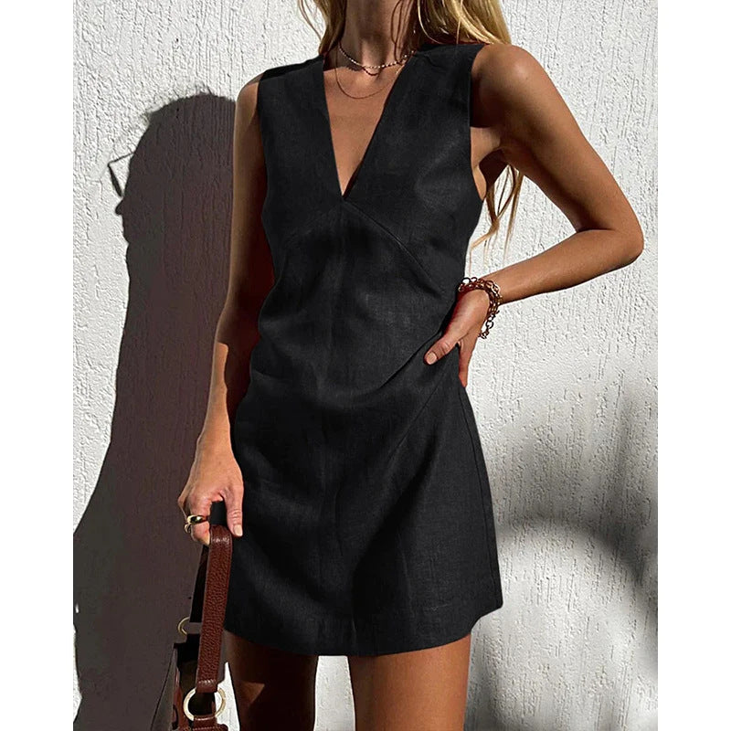 V-Neck Cotton Linen Sleeveless Dress Women Slim Vest Straight-Cut Summer Dress