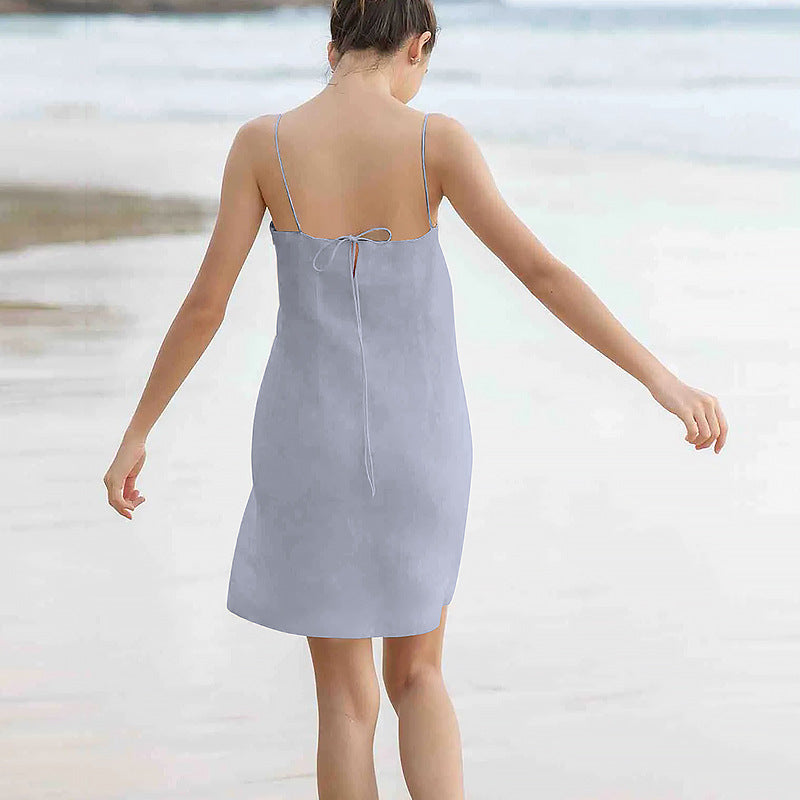 Cotton Linen Suspender Skirt Women Lace-Up Backless A-Line Dress Summer Vacation