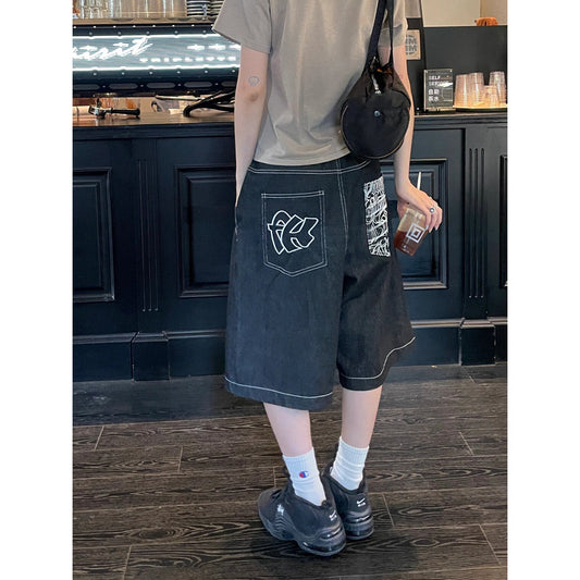 American street vibe vintage embroidered jeans for women 2025 spring and summer New loose wide leg straight cropped pants