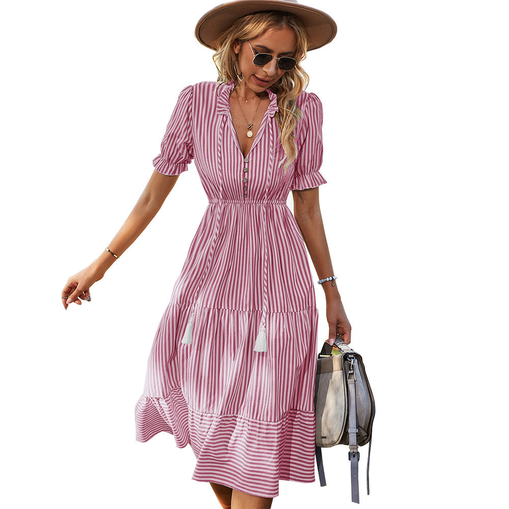 Striped Temperament Dress Women Summer Fashion Casual Elegant Design Dress 2025