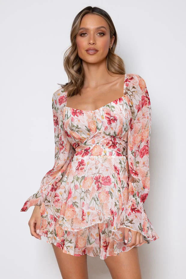 Hot-selling floral-print one-piece split skirt French square collar jumpsuit elegant ruffle pantskirt lace-up casual pants Women's