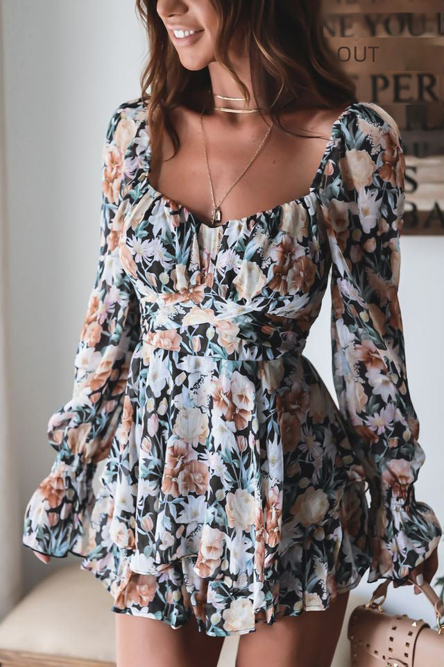 Hot-selling floral-print one-piece split skirt French square collar jumpsuit elegant ruffle pantskirt lace-up casual pants Women's