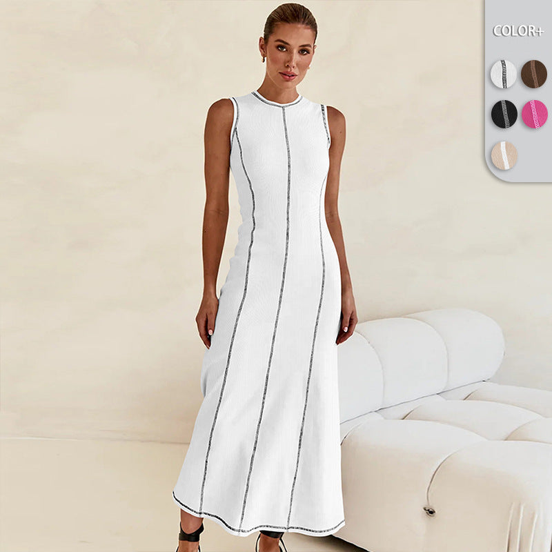 Elegant Contrasting-Color Sleeveless Vest Dress Women Cinched Waist Summer Dress