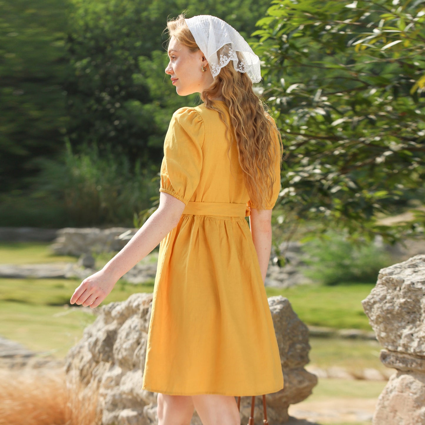 Pure linen niche V-neck placket lace skirt summer new sweet cute style puff sleeve dress women's clothing