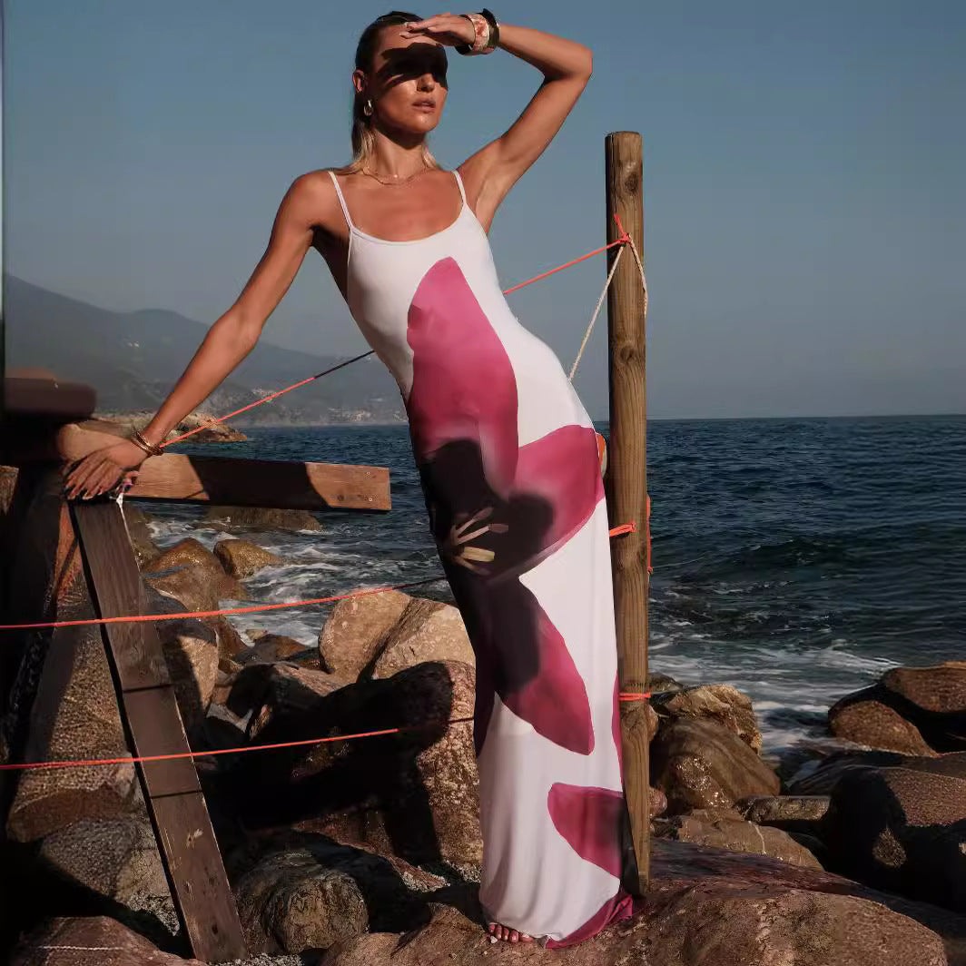 Summer Sexy Suspender Skirt Digital Print Slim High Waist Sheath Beach Travel Dress