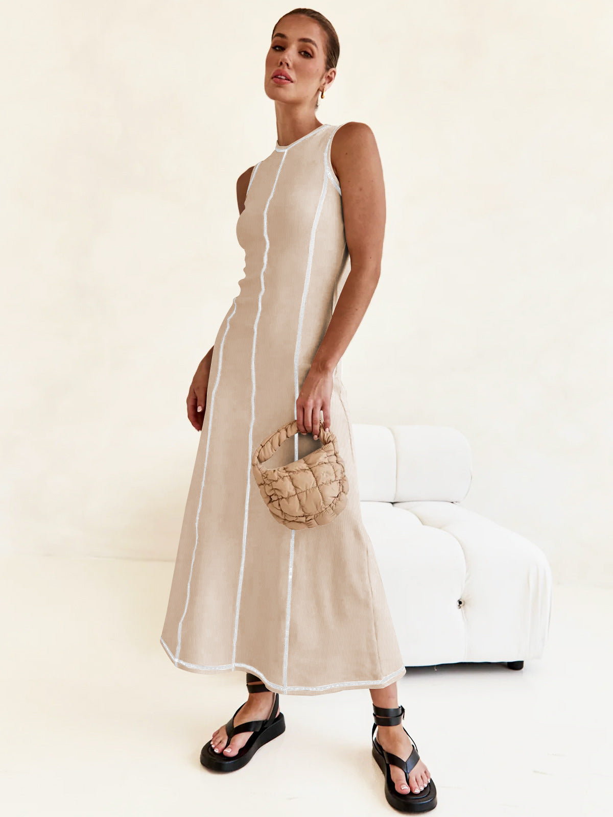 Elegant Contrasting-Color Sleeveless Vest Dress Women Cinched Waist Summer Dress